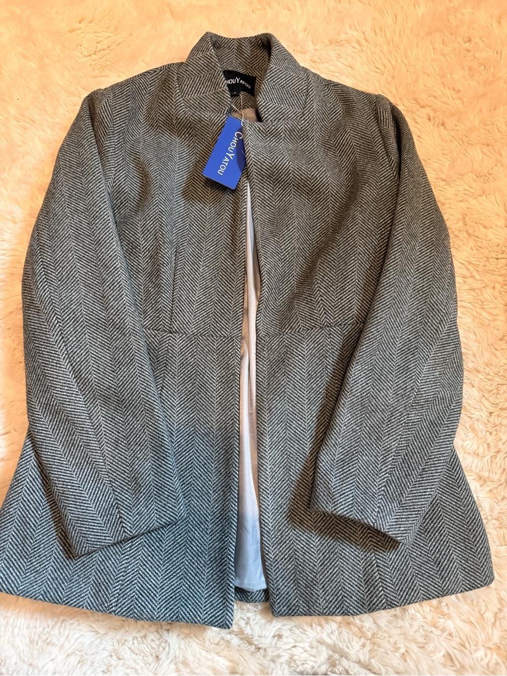 Gray Herringbone Stand-Collar Blazer